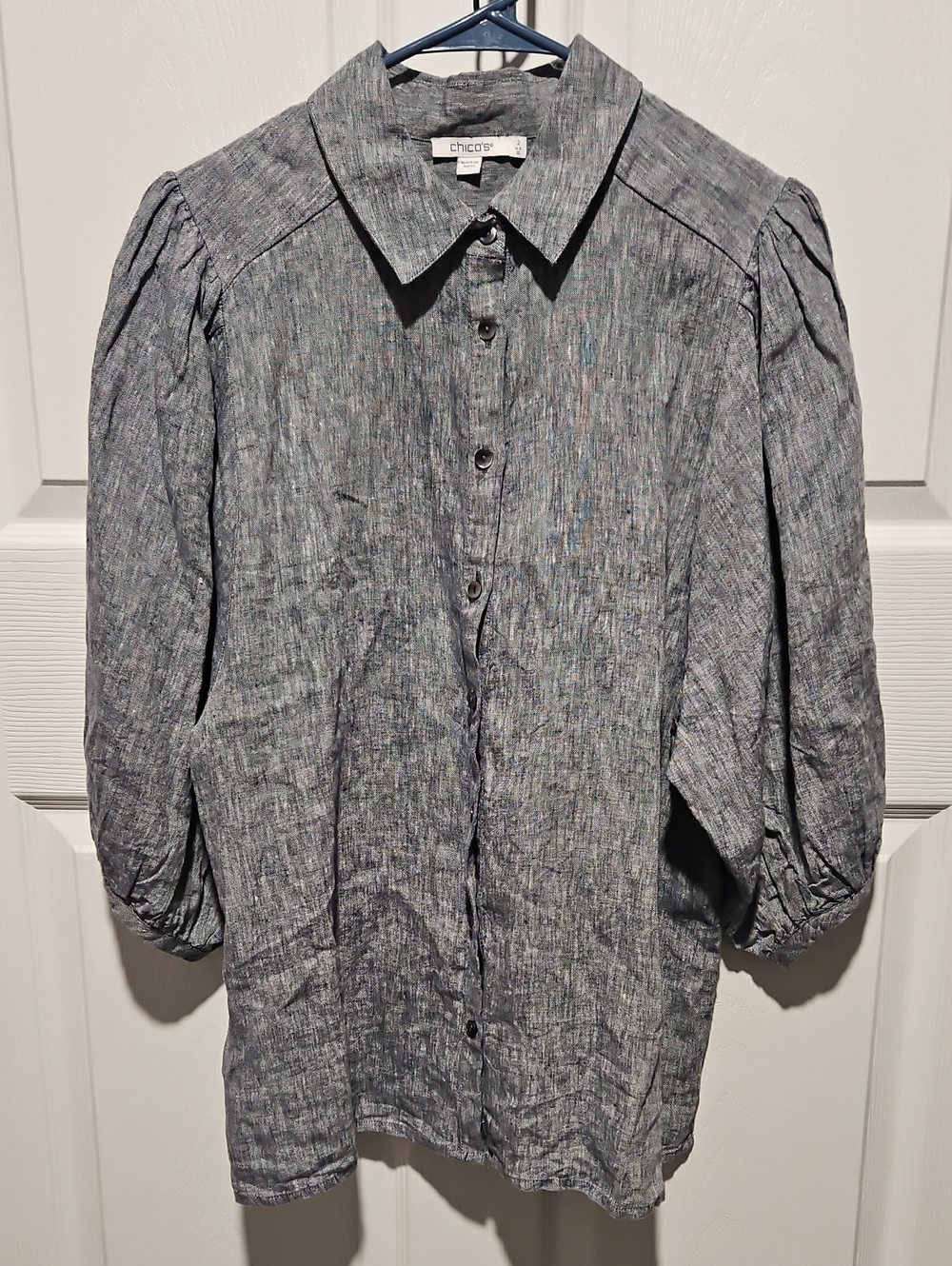 Chico's Women's Gray Button-Front Puff Sleeve Blouse